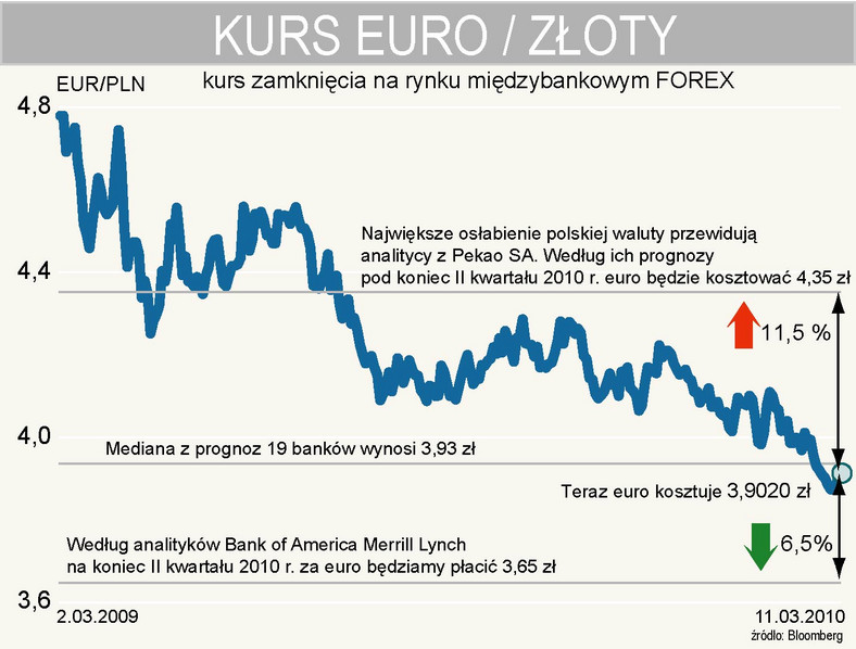 Jaki będzie kurs euro pod koniec II kwartału 2010 r.