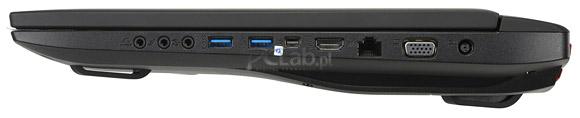 Prawa strona: audio, 2 × USB 3.0, mini-DisplayPort/Thunderbolt, HDMI, RJ-45, D-sub, gniazdo zasilacza