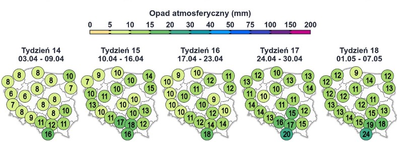 Prognozowana suma opadów w poszczególnych tygodniach kwietnia