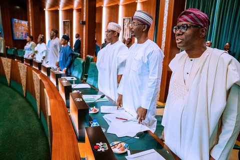 From right: Lagos state Governor, Babajide Sanwo-Olu; Abdullahi Sule of Nasarawa state; Governor Abubakar Sani Bello of Niger state and other others at the National Economic Council meeting in Abuja on Thursday, March 19, 2020. []Twitter/@BashirAhmaad]