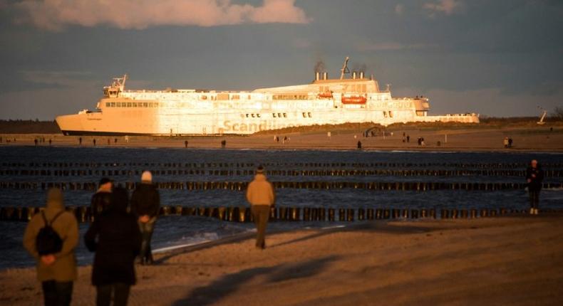 A Scandlines ferry leaves the German port of Warnemuende en route to Gedser in Denmark