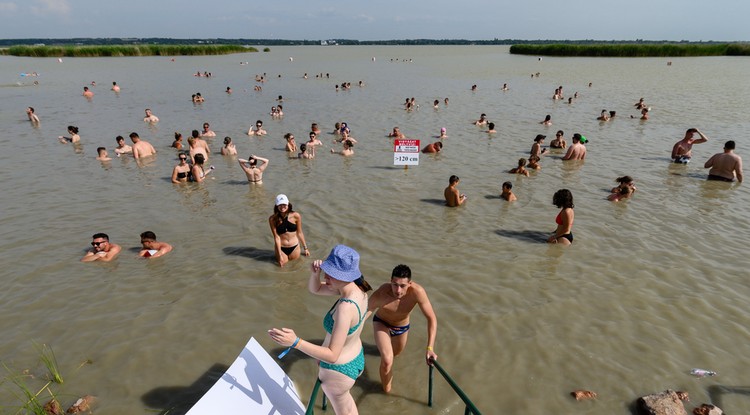 Fesztiválozók strandolnak az Egyetemisták és Főiskolások Országos Turisztikai Találkozójának (EFOTT) első napján a Velencei-tó melletti Sukorón 2023. július 12-én.