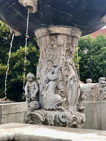 Trzon fontanny dekorowany jest stylizowanymi motywami roślinnymi i grzebieniowymi, wzbogacony u podstawy delfinem, łabędziem i puttami
