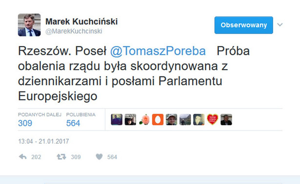 Kuchciński cytuje europosła PiS: Próba obalenia rządu skoordynowana z dziennikarzami i europosłami