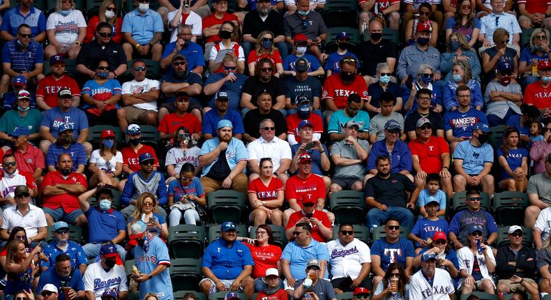 A view of the fans and the stands during the first inning of the game between the Texas Rangers and the Toronto Blue Jays at Globe Life Field on April 5, 2021.
