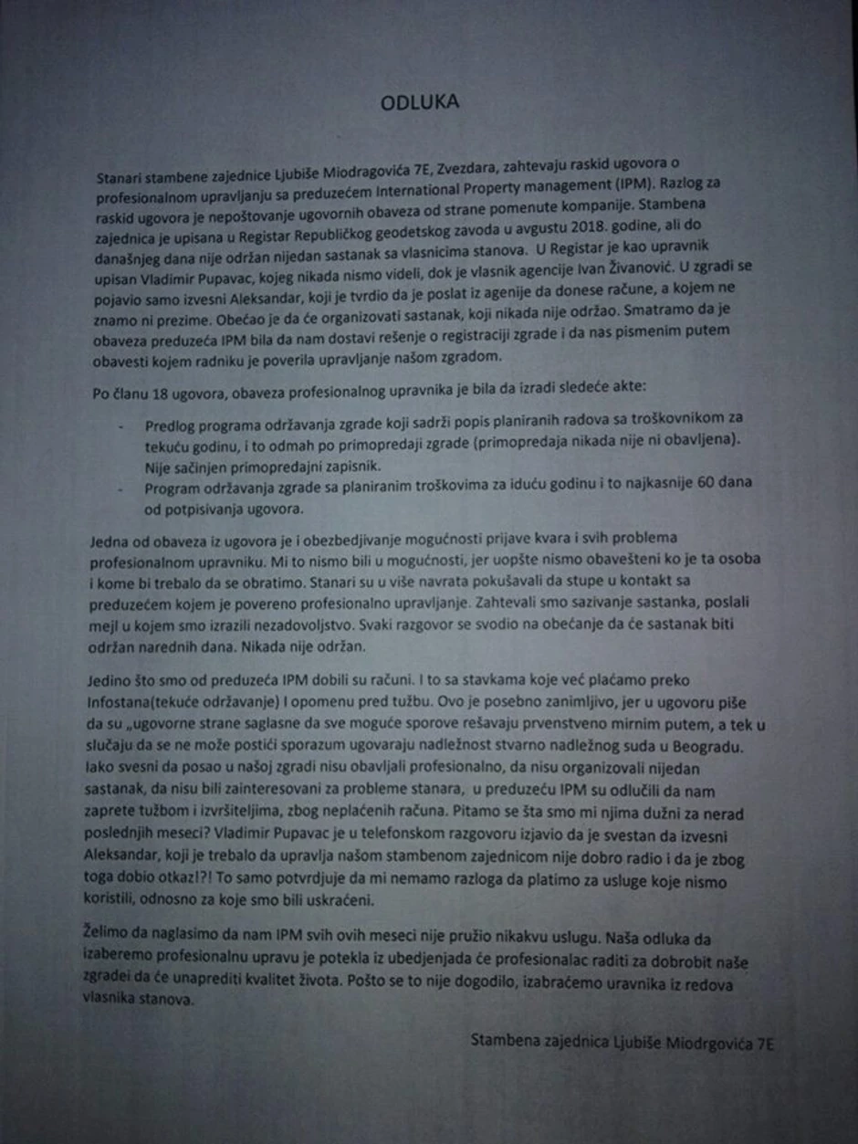 Stanari su hteli raskid ugovora