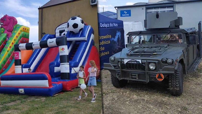 Bojowy pojazd Humvee przy dmuchanym zamku w Zajączkach Drugich