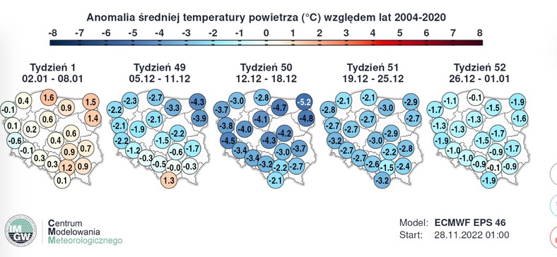 Anomalie temperatur grudzień 2022 r.