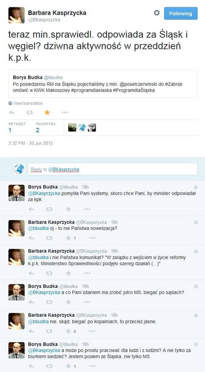 Dyskusja na Twitterze Borys Budka i Barbara Kasprzycka