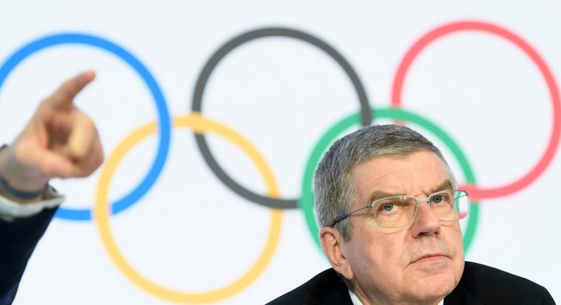 International Olympic Committee (IOC) president Thomas Bach attends a press conference after the executive board meeting of the IOC at the Olympic House, in Lausanne, Switzerland, Thursday, Jan. 9, 2020. (Laurent Gillieron/Keystone via AP)