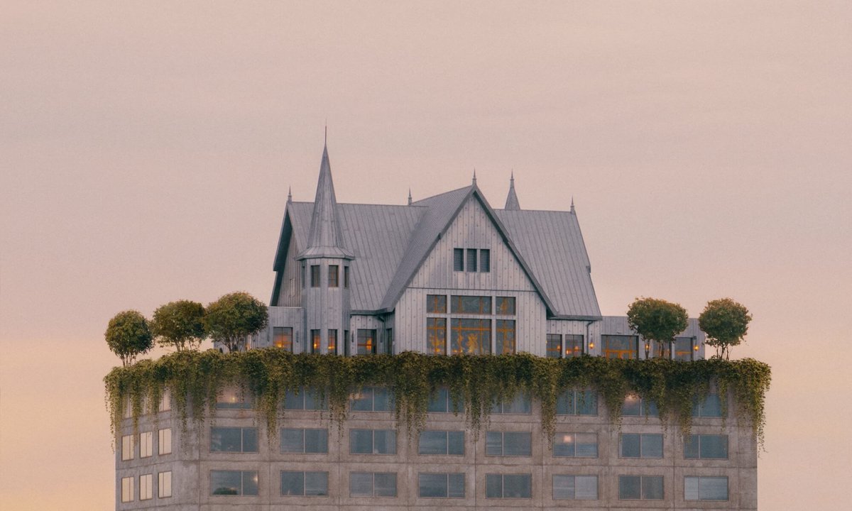 XIX-wieczna willa na dachu hotelu we Francji. Surrealistyczna kompozycja