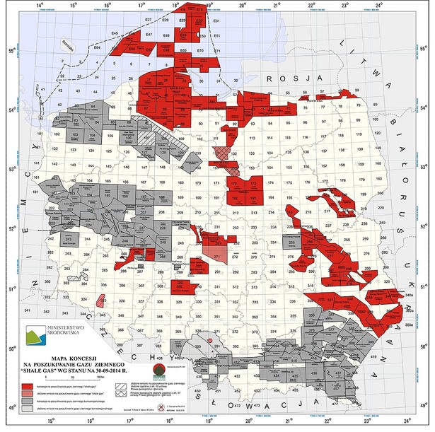 Mapa koncesji na poszukiwanie niekonwencjonalnych złóż węglowodorów, Ministerstwo Środowiska, stan na 30.09.2014.