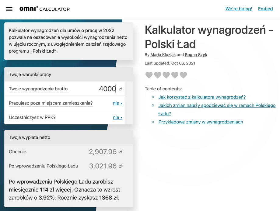 Przykładowe wyliczenie pensji na kalkulatorze Polskiego Ładu