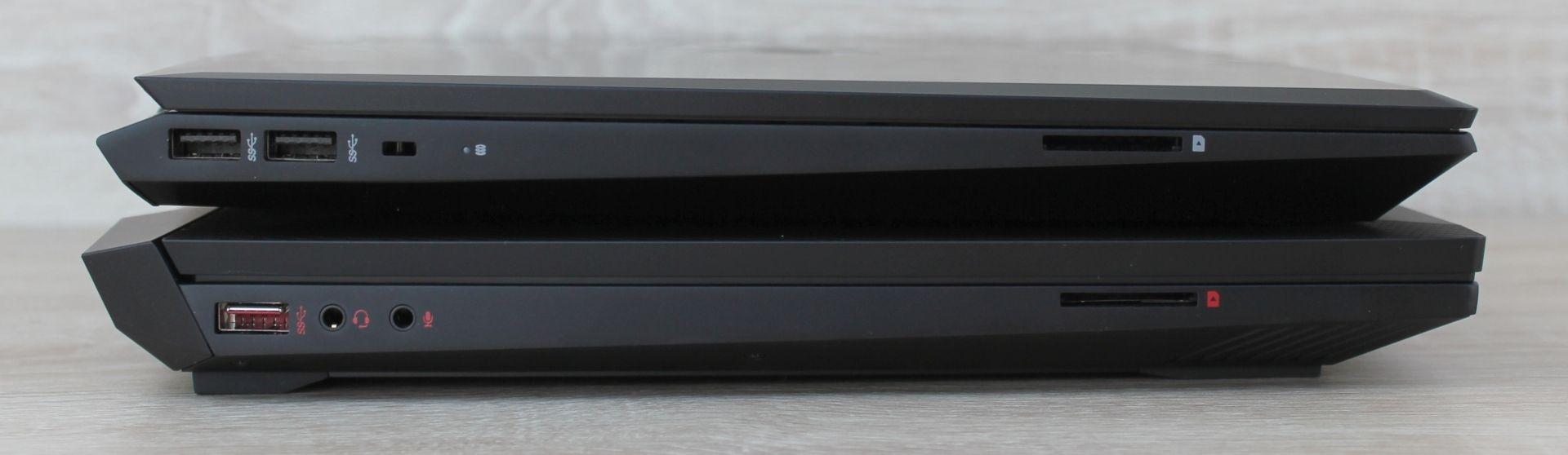 Na ľavej strane má Pavilion Gaming dva USB porty, ako aj otvor pre bezpečnostný zámok. Omen svoju ľavú stranu vyradil pre duo zvukových portov a jeden USB. (Navrchu je Pavilion Gaming 15).