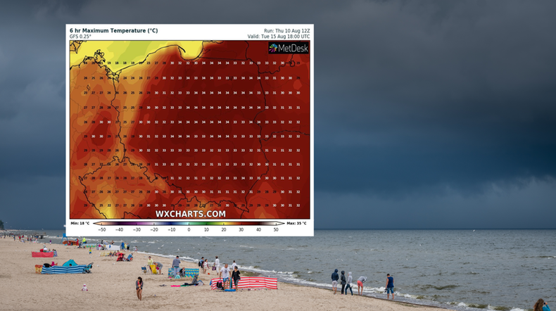 Przed nami upalny długi weekend, ale nie wszędzie będzie słonecznie (mapa: wxcharts.com)