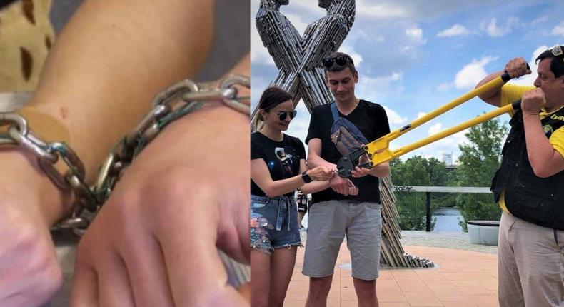 Couple who chained their hands together to avoid breakup has finally done it