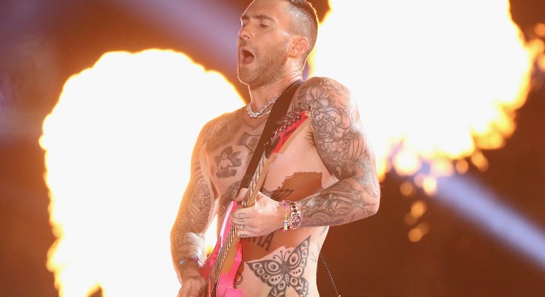 Adam Levine and Maroon 5 perform during the Pepsi Super Bowl LIII Halftime Show at Mercedes-Benz Stadium on February 3, 2019 in Atlanta, Georgia. (Photo by Jamie Squire/Getty Images)