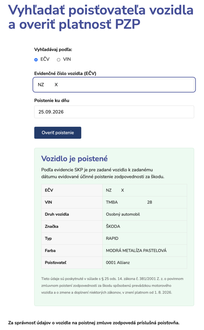 Overenie platnosti PZP online cez portál SKP.