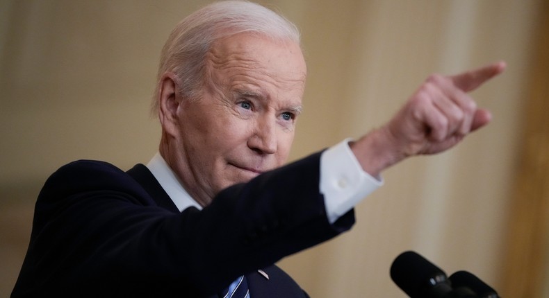 U.S. President Joe Biden answers questions after delivering remarks about Russia's military invasion of Ukraine on February 24, 2022.