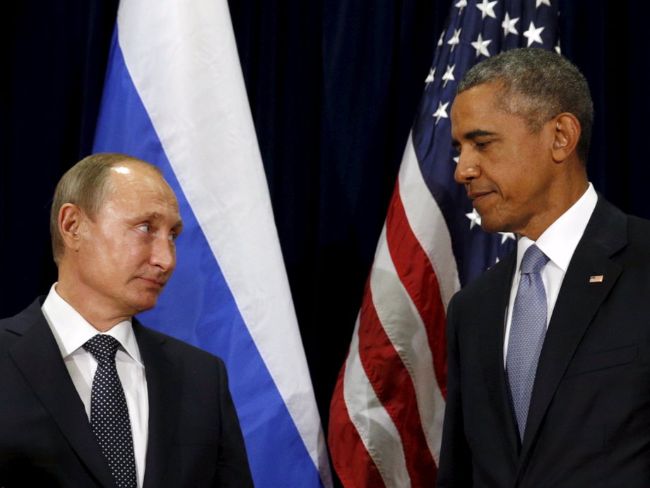 U.S. President Barack Obama and Russian President Vladimir Putin look towards one another during their meeting at the United Nations General Assembly in New York September 28, 2015.