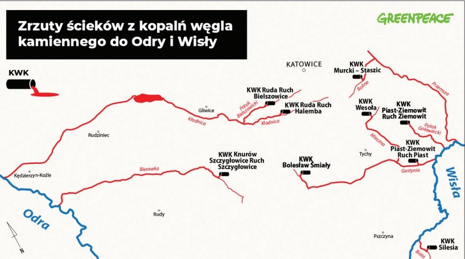 Greenpeace wraz z naukowcami-chemikami pobrał próbki ścieków zrzucanych przez wybrane kopalnie węgla kamiennego. Na mapie organizacja przedstawiła miejsca zrzutów ścieków z kopalń węgla kamiennego.