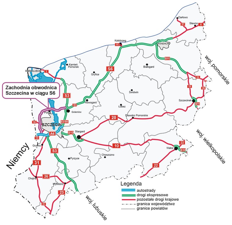 Mapa województwa zachodniopomorskiego z zaznaczeniem lokalizacji ZOS