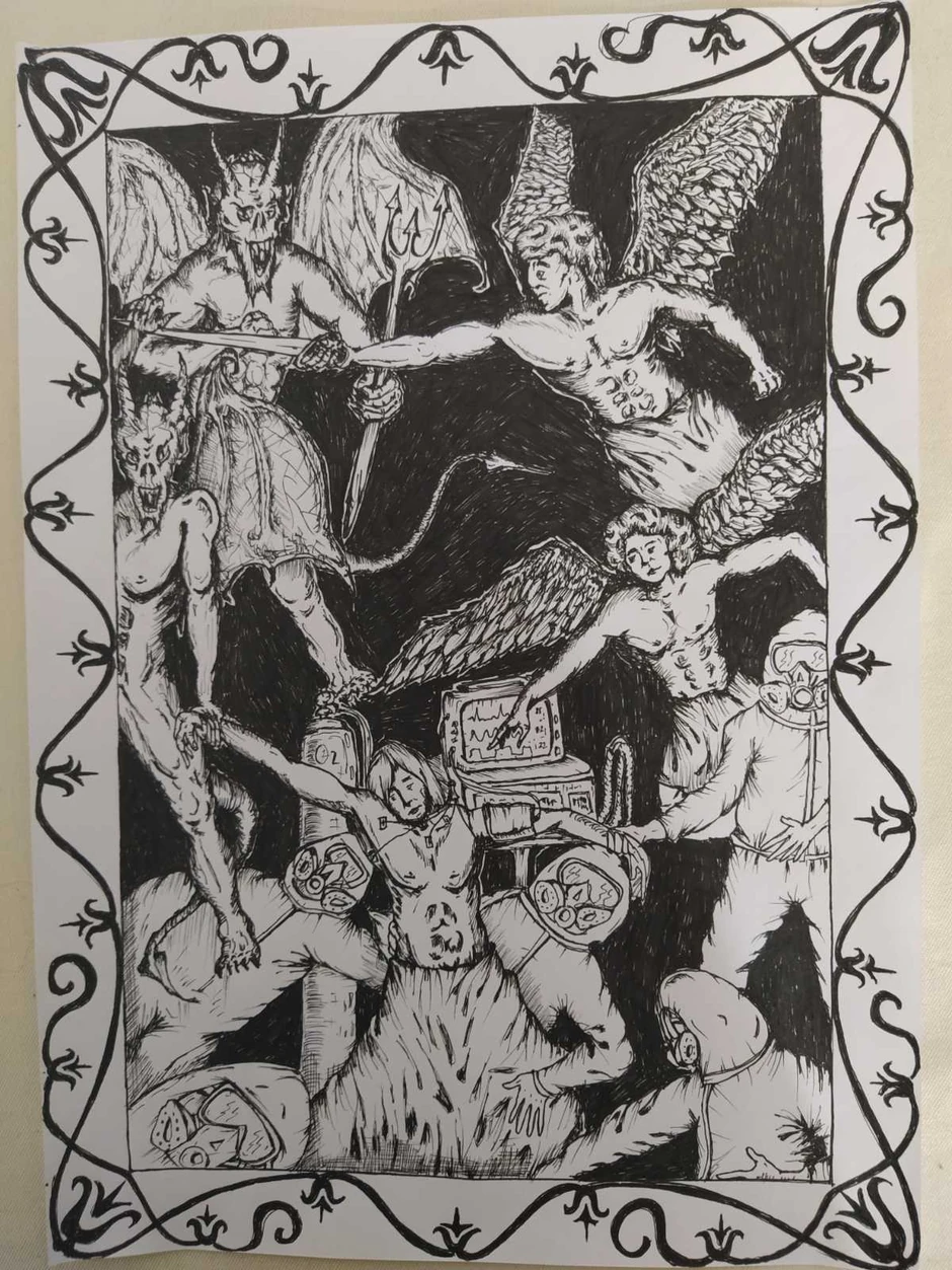 Epska borba izmedju dobra i zla u kovid bolnici crtež dr Mladena Stojanovića anesteziologa iz Aleksinca