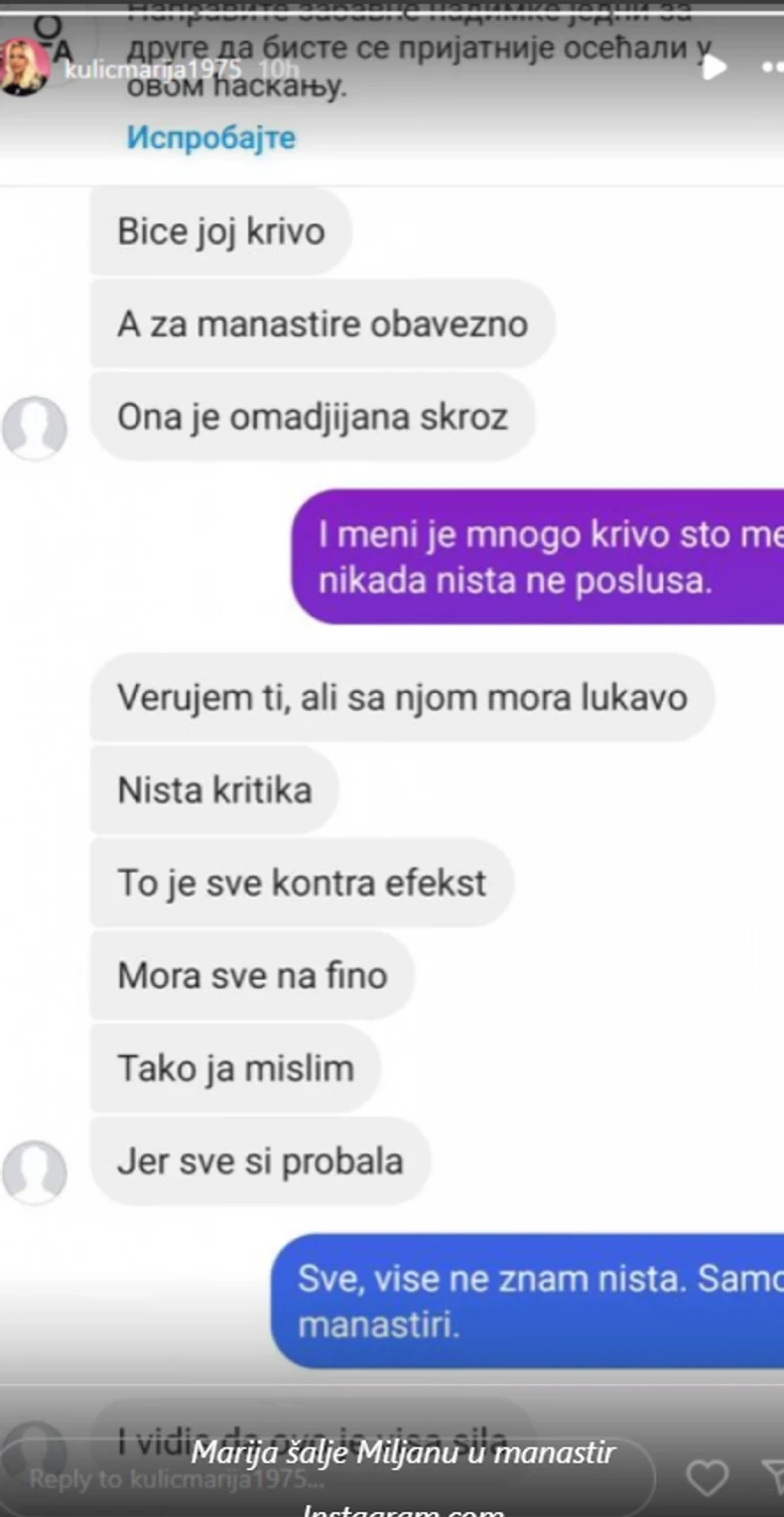 Marija planira da vodi Miljanu u manastir