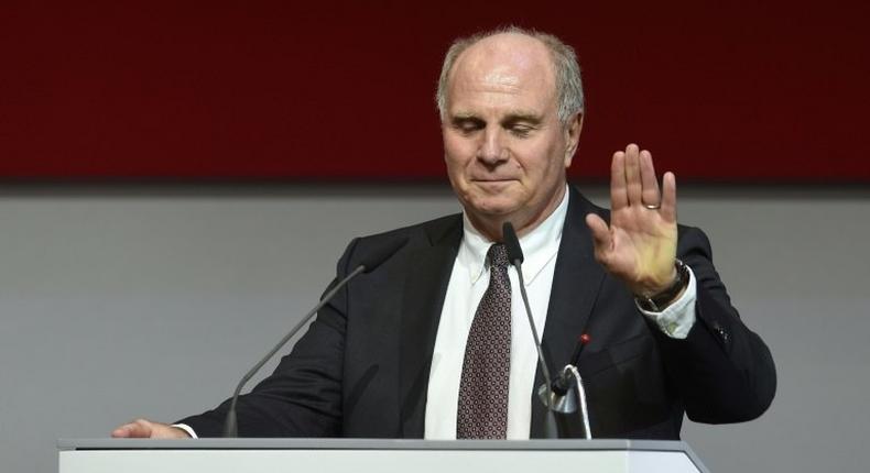 The former and newly elected president of FC Bayern Munich Uli Hoeness speaks prior to his his re-election during the shareholders meeting of the German first division Bundesliga team FC Bayern Munich in Munich, southern Germany, on November 25, 2016