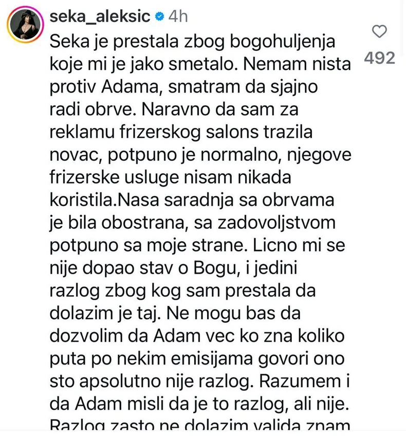 Seka Aleksić o svađi sa Adamom Adaktarom