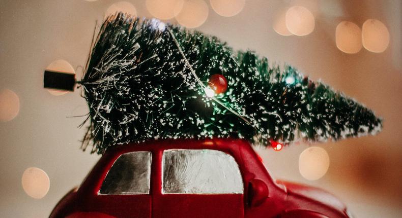 Red Volkswagen Beetle scale model with a Christmas tree [Photo: Kristina Paukshtite] 