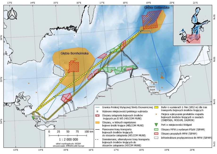 Wizualizacja lokalizacji Morskich Farm Wiatrowych w Polskiej Wyłącznej Strefie Ekonomicznej wraz z trasami transportu amunicji chemicznej i bojowych środków trujących do miejsc ich oficjalnego zatapiania (Głębia Bornholmska i Głębia Gotlandzka)