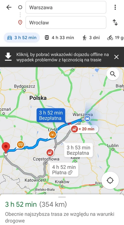 Trasa samochodem pomiędzy Warszawą a Wrocławiem zajmuje mniej niż 4 godz.