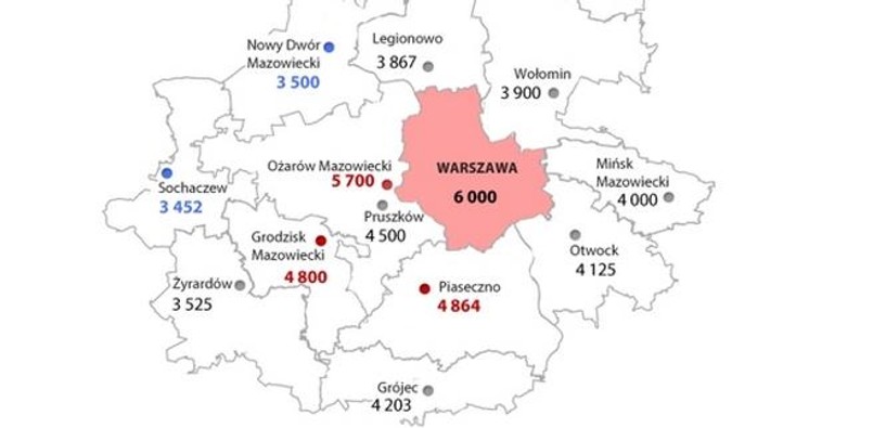 Zarobki całkowite brutto w Obszarze Metropolitalnym Warszawy w 2013 roku (PLN)