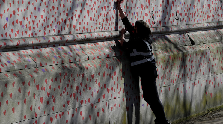 Rajzolt szívekkel teli emlékfallal emlékeznek meg az koronavírus áldozatairól / Fotó: MTI/AP/Kirsty Wigglesworth