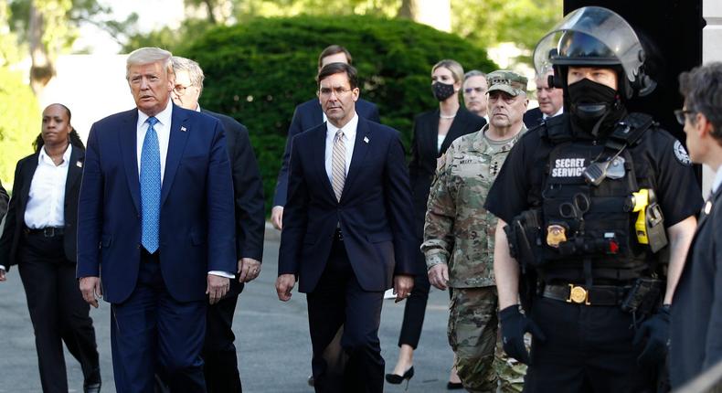 In this June 1, 2020, file photo President Donald Trump departs the White House to visit outside St. John's Church in Washington.