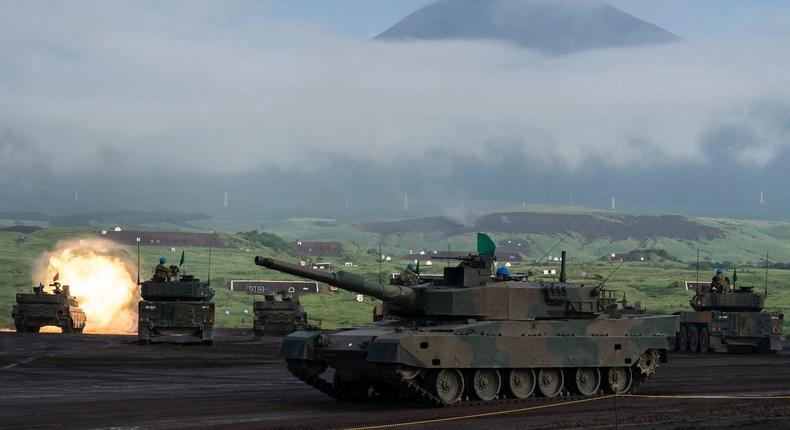 Japanese tanks during a live-fire exercise at the foot of Mount Fuji, August 22, 2019.
