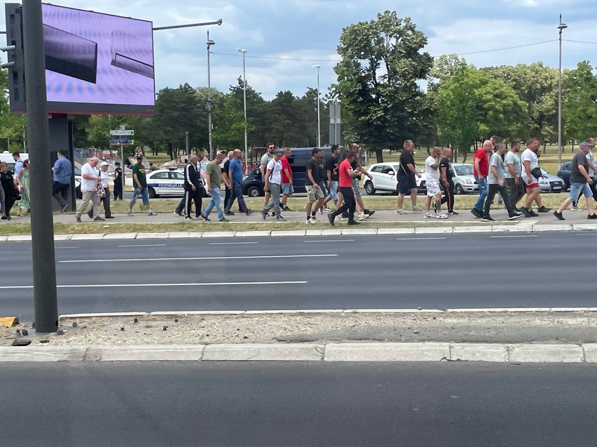 Pristalice SNS idu ka Pionirskom parku sa Novog Beograda