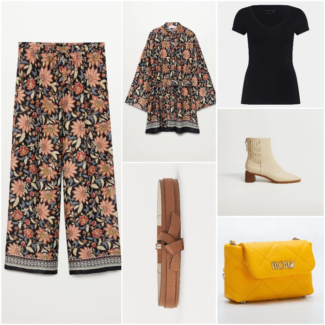 Kimono, pantalone i čizmice „Mango“,  majica „Orsay“, kaiš „H&M“, tašna „Mona“