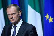 President of the European Council Donald Tusk arrives at a press conference at Government buildings 