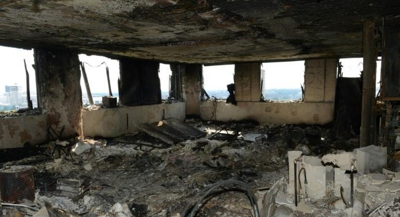 The inside of the Grenfell Tower in west London on June 16, 2017 after a fire engulfed the 24-storey building