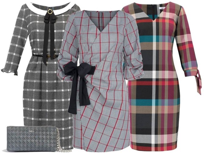 Modnie z polską metką. STYLIZACJA: szara sukienka w białą kratkę- Trynite/trynite.pl, szara sukienka w czerwoną kratkę- Modern Line/modernline.pl, sukienka w kolorową kratkę- Midori Feminine Fashion/midori.pl, portfel- Boca/boca.pl