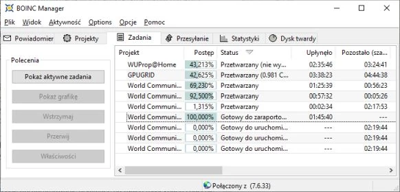 BOINC Manager, czyli aplikacja zarządzająca pracą − jak widać, komputer liczy trzy próbki WCG, jedną GPUGRID i jedną WUProp. Ta ostatnia jedynie zbiera statystyki pracy.