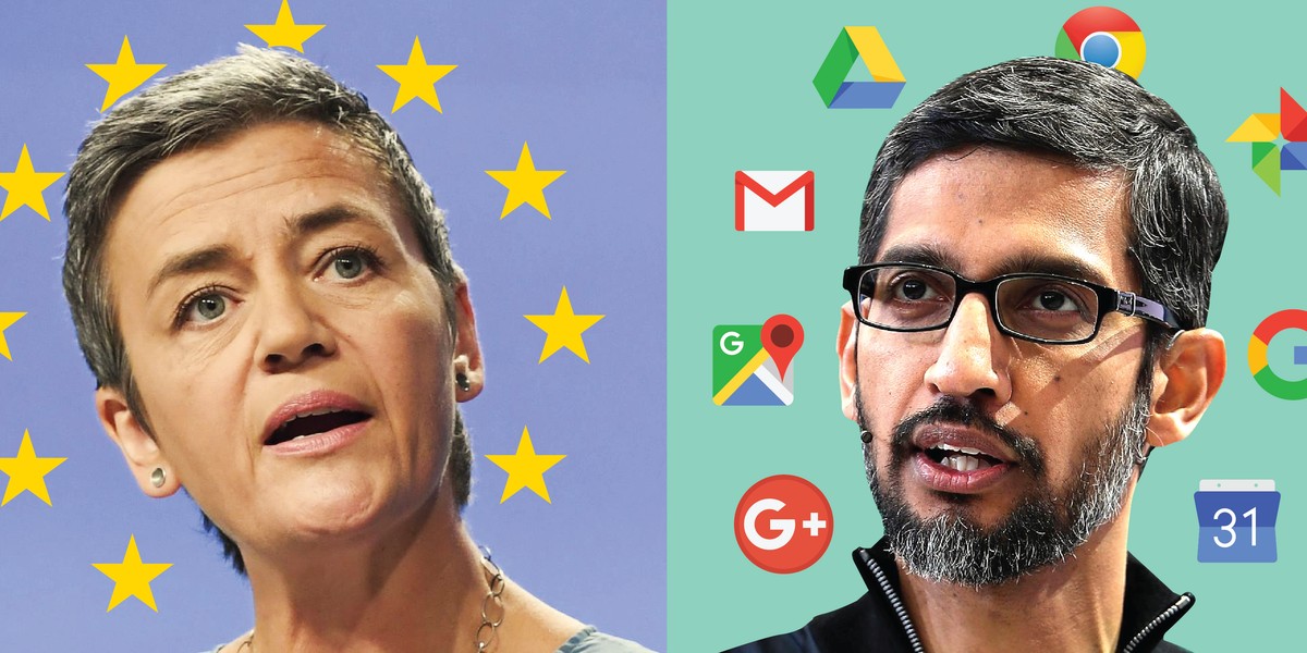 Kara nałożona na Google wynosi tyle, ile Holandia wpłaca rocznie do budżetu UE. Komisarz ds. konkurencji Margrethe Vestager (na zdjęciu po lewej) podkreśliła, że grzywna "odzwierciedla powagę i utrzymującą się naturę łamania przez Google prawa antymonopolowego UE"