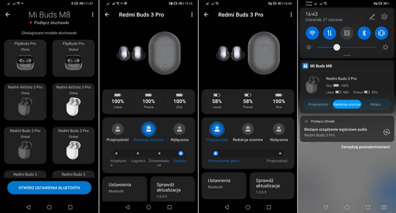 Podstawowe ekrany aplikacji Mi Buds M8 (kliknij, aby powiększyć)