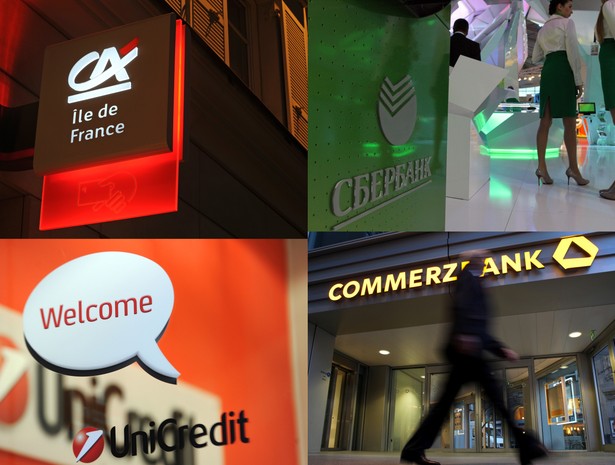 Loga banków zagranicznych, które są właścicielami polskich banków lub przymierzają się do kupna (Sbierbank): Unicredit, Commerzbank, Credit Agricole, Sbierbank.