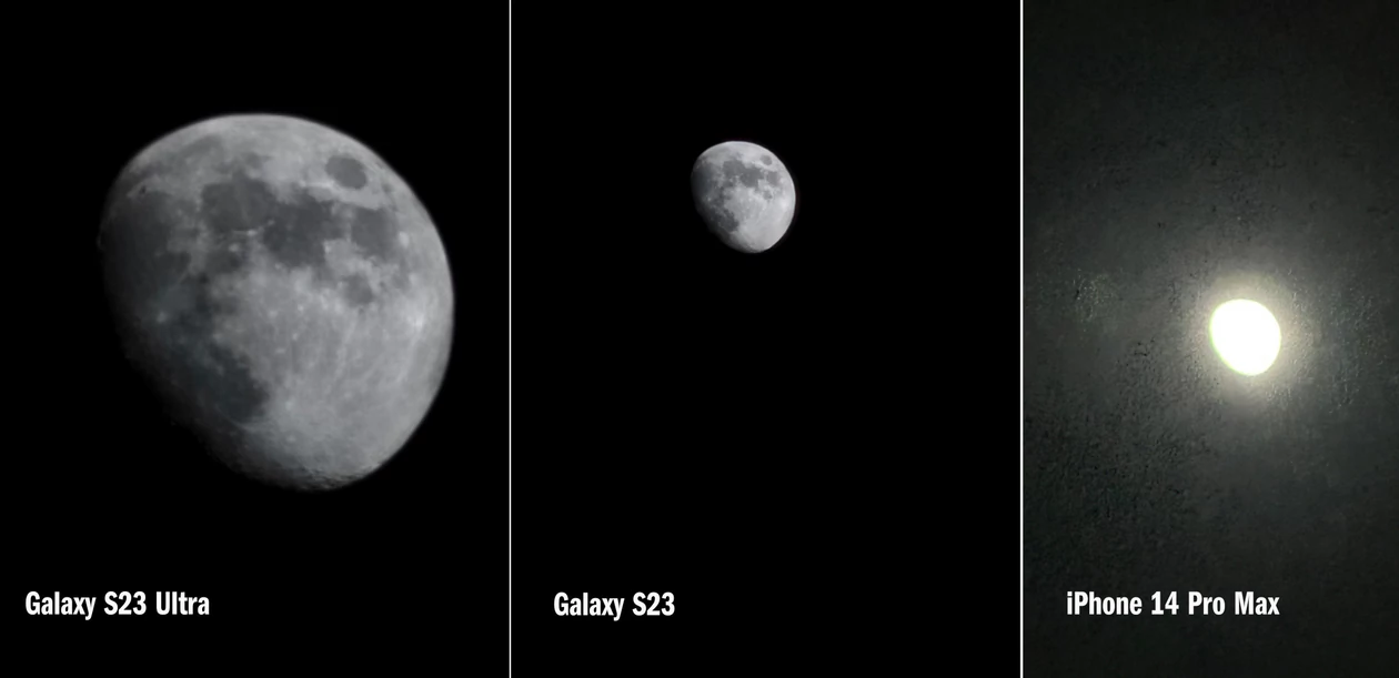 Maksymalne przybliżenie Księżyca: S23 Ultra jest tu najbardziej przekonujący, S23 niewiele gorszy, iPhone zawodzi
