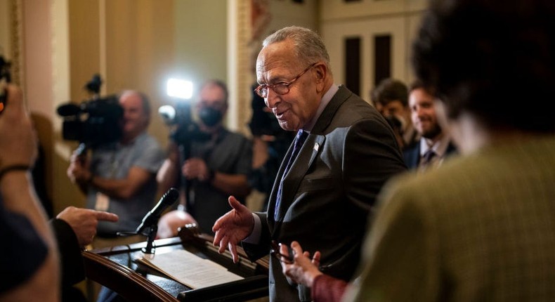 Senate Majority Leader Chuck Schumer at a news conference on Capitol Hill on May 10, 2022.