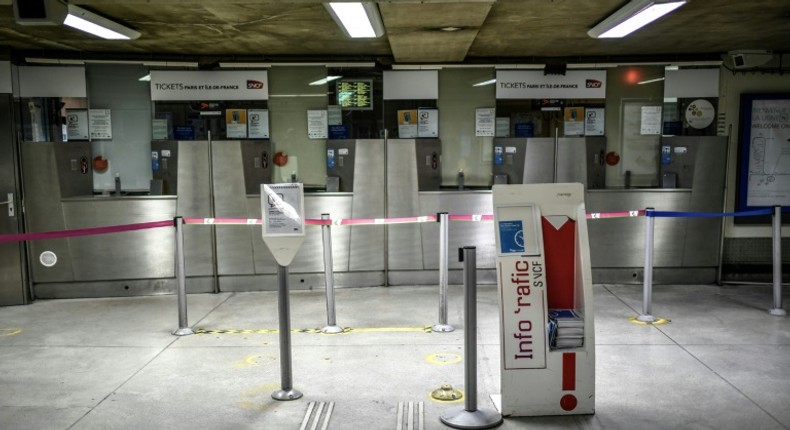 Closed ticket counters at the Gare Montparnasse train station in Paris, on the 29th day of a strike against the government's pensions overhaul