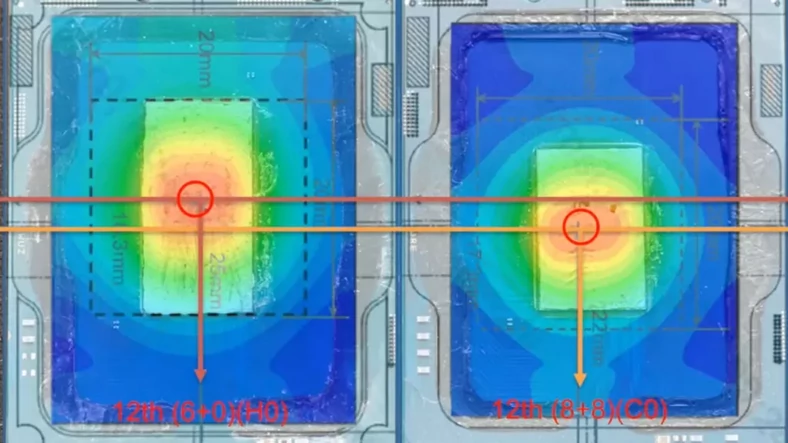 Obraz termiczny dwóch wariantów procesorów Alder Lake: z i bez rdzeni E Cores